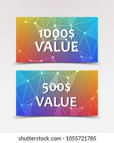 Gift Voucher with technological, scientific, abstract, geometric background with polygonal abstract shapes, circles, lines, triangles. Discount coupon for recovery, purchase of things and entertainmen