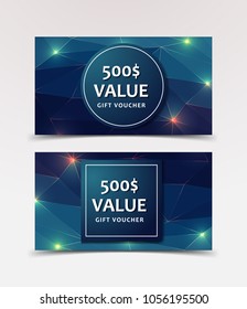 Gift Voucher with technological, scientific, abstract, geometric background with polygonal abstract shapes, circles, lines, triangles. Discount coupon for recovery, purchase of things and entertainmen