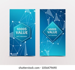 Gift Voucher with technological, scientific, abstract, geometric background with polygonal abstract shapes, circles, lines, triangles. Discount coupon for recovery, purchase of things and entertainmen