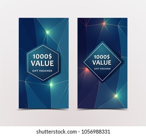 Gift Voucher with technological, scientific, abstract, geometric background with polygonal abstract shapes, circles, lines, triangles. Discount coupon for recovery, purchase of things and entertainmen