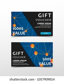 Gift Voucher with technological, scientific, abstract, geometric background with polygonal abstract shapes, circles, lines, triangles. Discount coupon for recovery, purchase of things and entertainmen