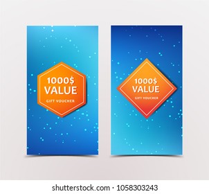 Gift Voucher with technological, scientific, abstract, geometric background with polygonal abstract shapes, circles, lines, triangles. Discount coupon for recovery, purchase of things and entertainmen