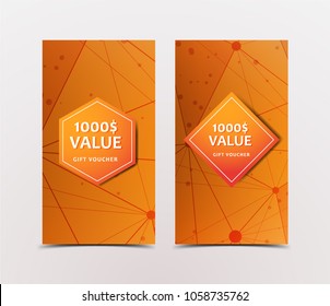 Gift Voucher with technological, scientific, abstract, geometric background with polygonal abstract shapes, circles, lines, triangles. Discount coupon for recovery, purchase of things and entertainmen