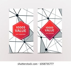 Gift Voucher with technological, scientific, abstract, geometric background with polygonal abstract shapes, circles, lines, triangles. Discount coupon for recovery, purchase of things and entertainmen