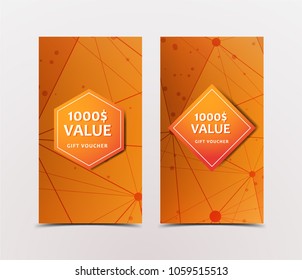 Gift Voucher with technological, scientific, abstract, geometric background with polygonal abstract shapes, circles, lines, triangles. Discount coupon for recovery, purchase of things and entertainmen