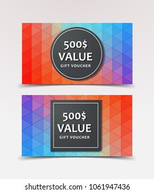Gift Voucher with technological, scientific, abstract, geometric background with polygonal abstract shapes, circles, lines, triangles. Discount coupon for recovery, purchase of things and entertainmen