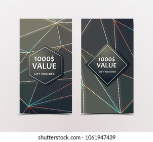 Gift Voucher with technological, scientific, abstract, geometric background with polygonal abstract shapes, circles, lines, triangles. Discount coupon for recovery, purchase of things and entertainmen