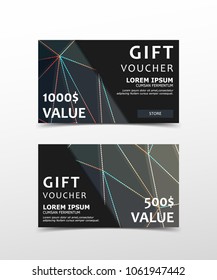 Gift Voucher with technological, scientific, abstract, geometric background with polygonal abstract shapes, circles, lines, triangles. Discount coupon for recovery, purchase of things and entertainmen