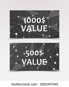 Gift Voucher with technological, scientific, abstract, geometric background with polygonal abstract shapes, circles, lines, triangles. Discount coupon for recovery, purchase of things and entertainmen