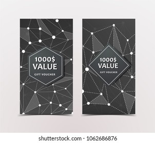 Gift Voucher with technological, scientific, abstract, geometric background with polygonal abstract shapes, circles, lines, triangles. Discount coupon for recovery, purchase of things and entertainmen