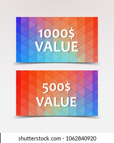 Gift Voucher with technological, scientific, abstract, geometric background with polygonal abstract shapes, circles, lines, triangles. Discount coupon for recovery, purchase of things and entertainmen