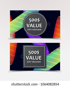 Gift Voucher with technological, scientific, abstract, geometric background with polygonal abstract shapes, circles, lines, triangles. Discount coupon for recovery, purchase of things and entertainmen