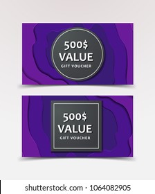 Gift Voucher with technological, scientific, abstract, geometric background with polygonal abstract shapes, circles, lines, triangles. Discount coupon for recovery, purchase of things and entertainmen