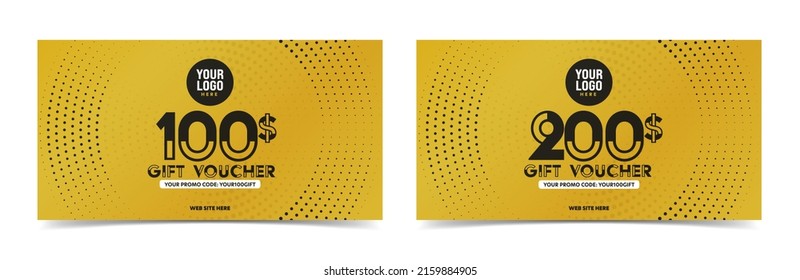 Gift voucher template with 100 and 200 dollar reward. Obsolete grunge technique design vector illustration isolated on white background