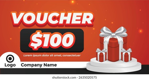 Gift Voucher Template with $100 Value and Red Gift Boxes