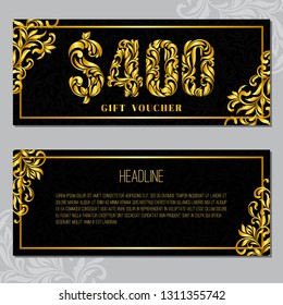 Gift voucher template 400 USD. The inscription created from a floral ornament. Golden Letters on a black background with floral pattern. VIP design.