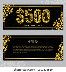 Gift voucher template 500 USD. The inscription created from a floral ornament. Golden Letters on a black background with floral pattern. VIP design.