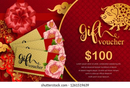 Gift voucher template for advertising happy chinese new year 2019 Zodiac sign with gold paper cut art and craft style on color Background.(Chinese Translation : Year of the pig)