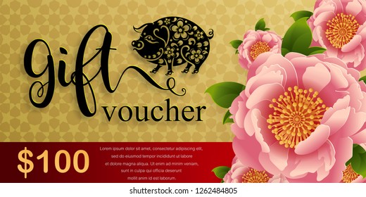 Gift voucher template for advertising happy chinese new year 2019 Zodiac sign with gold paper cut art and craft style on color Background.(Chinese Translation : Year of the pig)