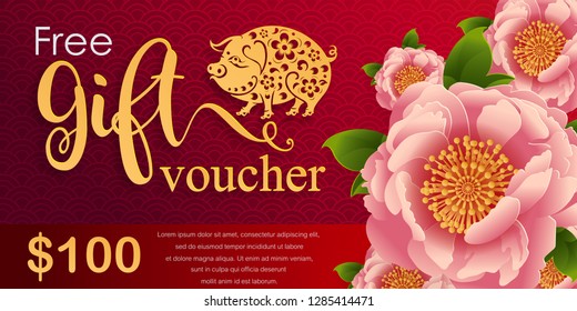 Gift voucher template for advertising happy chinese new year 2019 Zodiac sign with gold paper cut art and craft style on color Background.(Chinese Translation : Year of the pig) - Vector