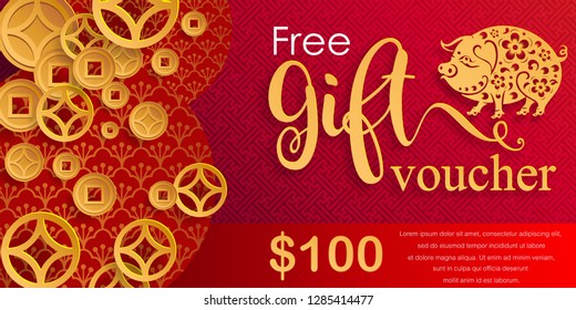 Gift voucher template for advertising happy chinese new year 2019 Zodiac sign with gold paper cut art and craft style on color Background.(Chinese Translation : Year of the pig) - Vector