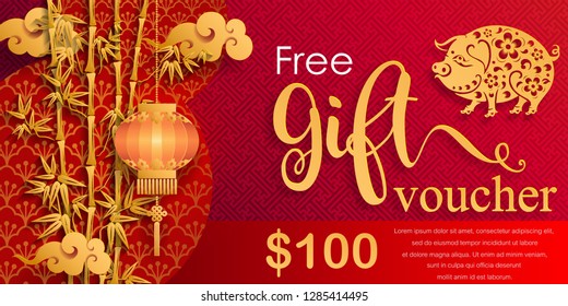 Gift voucher template for advertising happy chinese new year 2019 Zodiac sign with gold paper cut art and craft style on color Background.(Chinese Translation : Year of the pig) - Vector