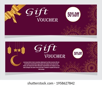 Gift Voucher Template banner poster card with sale discount crescent moon and illuminated lanterns.