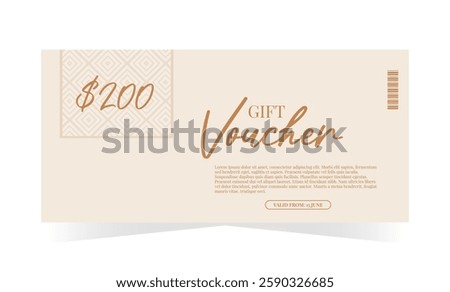 Gift voucher template in beige colors. Elegant minimal design. Sale, promotion, certificate. Vector illustration for fashion, spa, wellness, healthcare