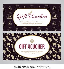 Gift voucher template with bird and cat patterns in black and gold color
