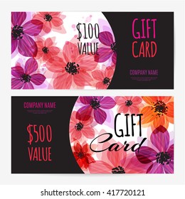 Gift voucher template with bright red, pink and purple flowers.Vector Abstract background. Concept for boutique, jewelry, floral shop, beauty salon, fashion, flyer, banner design.