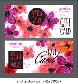 Gift Voucher Template With Bright Red, Pink And Purple Flowers.Vector Abstract Background. Concept For Boutique, Jewelry, Floral Shop, Beauty Salon, Fashion, Flyer, Banner Design. Gift Voucher Design