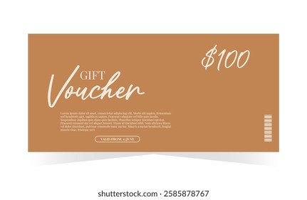 Gift voucher template in brown colors. Elegant minimal design. Sale, promotion, certificate. Vector illustration for photography, cosmetics, jewelry, adventure, luxury