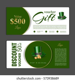 Gift voucher template. Can be use for shopping cards, discount coupon, banner, discount card , web design and other. Vector illustration. Saint Patrick's day design