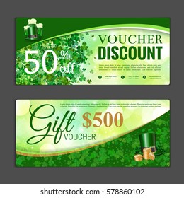 Gift voucher template. Can be use for shopping cards, discount coupon, banner, discount card , web design and other. Vector illustration. Saint Patrick's day design