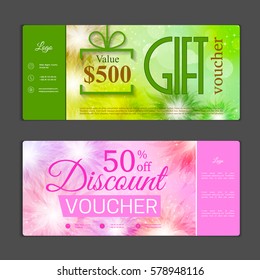 Gift voucher template. Can be use for shopping cards, discount coupon, banner, discount card , web design and other. Vector illustration. Glowing Flowers