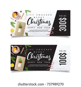 Gift Voucher Template for Christmas Promo. Design of Discount Coupon Usable for Invitation and Ticket. Vector Illustration with Festive Decoration. Beautiful Greeting Card with Seasonal Offer.