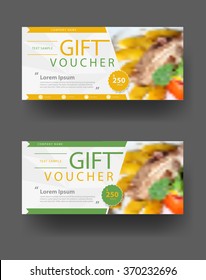 Gift voucher template with clean and modern material design, With blurred background grilled beef steak meat with vegetables