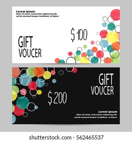 Gift voucher template with colorful bubbles. Design concept for gift coupon, certificate, flyer, invitation, banner. Vector illustration.
