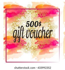 Gift voucher template with colorful pattern. Watercolor, mandala in design