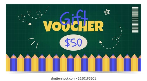 Gift voucher template with colorful pencils and elements in doodle style as frame around. Green chalkboard and checkered paper background. Back to school. Vector illustration