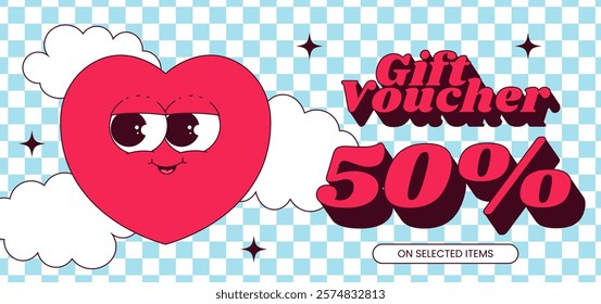 Gift voucher template. Cute character heart with face in retro groovy style. Flat vector illustration, horizontal banner, flyer, poster