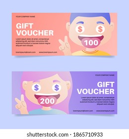Plantilla de cupón de regalo con personajes bonitos con caras de dinero sorprendidas