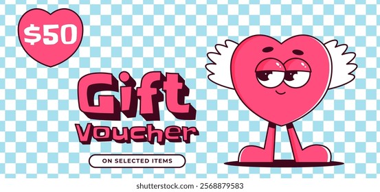 Gift voucher template. Cute lovely character heart with face and wings in retro groovy style. Flat vector illustration for advertising