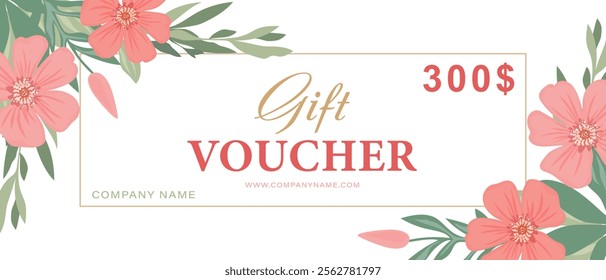 Gift voucher template with delicate flowers. Business card template with flowers. Design for boutique, jewelry store, flower shop, beauty salon, spa, flyer, banner design.