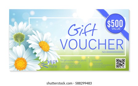 Gift voucher template with delicate white flowers. Vector Abstract background. Concept for boutique, jewelry, floral shop, beauty salon, fashion, flyer, banner design. Gift voucher design