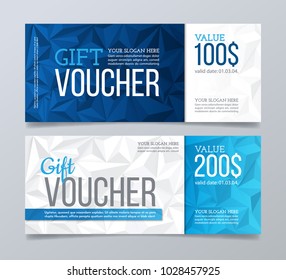 Gift Voucher Template Design. Blue And White Polygonal Background.