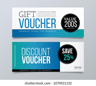 Gift Voucher Template Design And Blue Geometric Background.