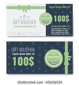 Gift voucher template design with clean, trendy, modern outline gift box pattern and flat color style ribbon bow. Vector illustration with flat color design style