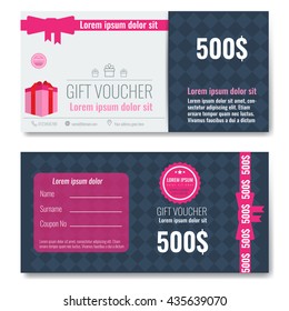 Gift voucher template design with flat color style ribbon bow. Vector illustration with flat color design style
