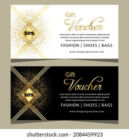Gift voucher template design in glittery, black and white colors.